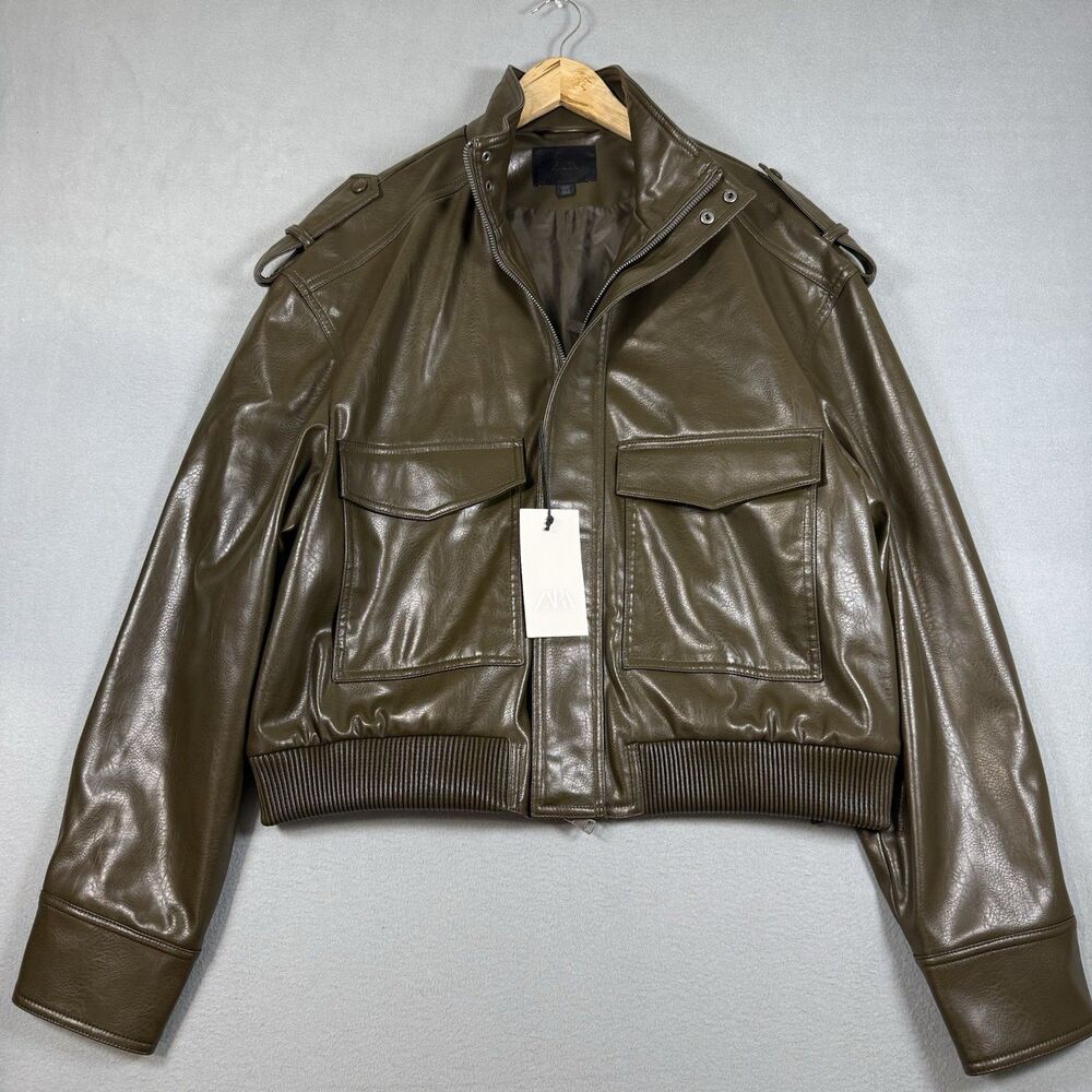 Zara Man NWT Olive Green Faux Leather Cropped Bomber Flight Jacket Large 4027